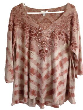 One World Blouse XL NWT $48 Peasant Pullover Round Neck 3/4 Sleeve Snags